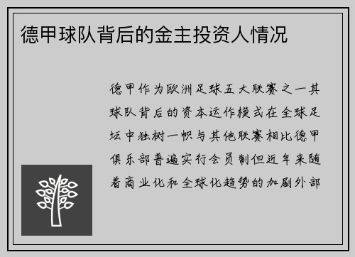 德甲球队背后的金主投资人情况