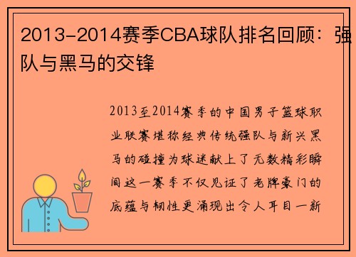 2013-2014赛季CBA球队排名回顾：强队与黑马的交锋