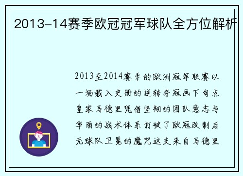 2013-14赛季欧冠冠军球队全方位解析